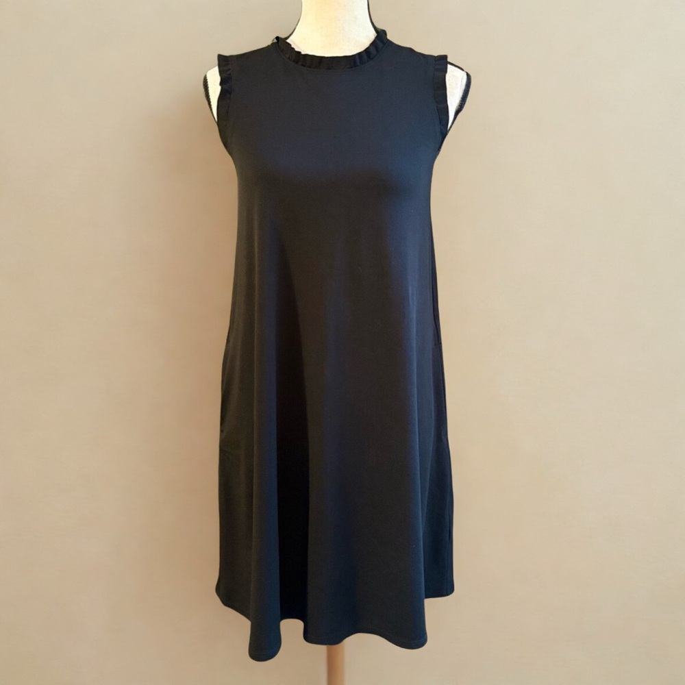 Black Ruffle Trim Mini Sheath Dress with Pockets